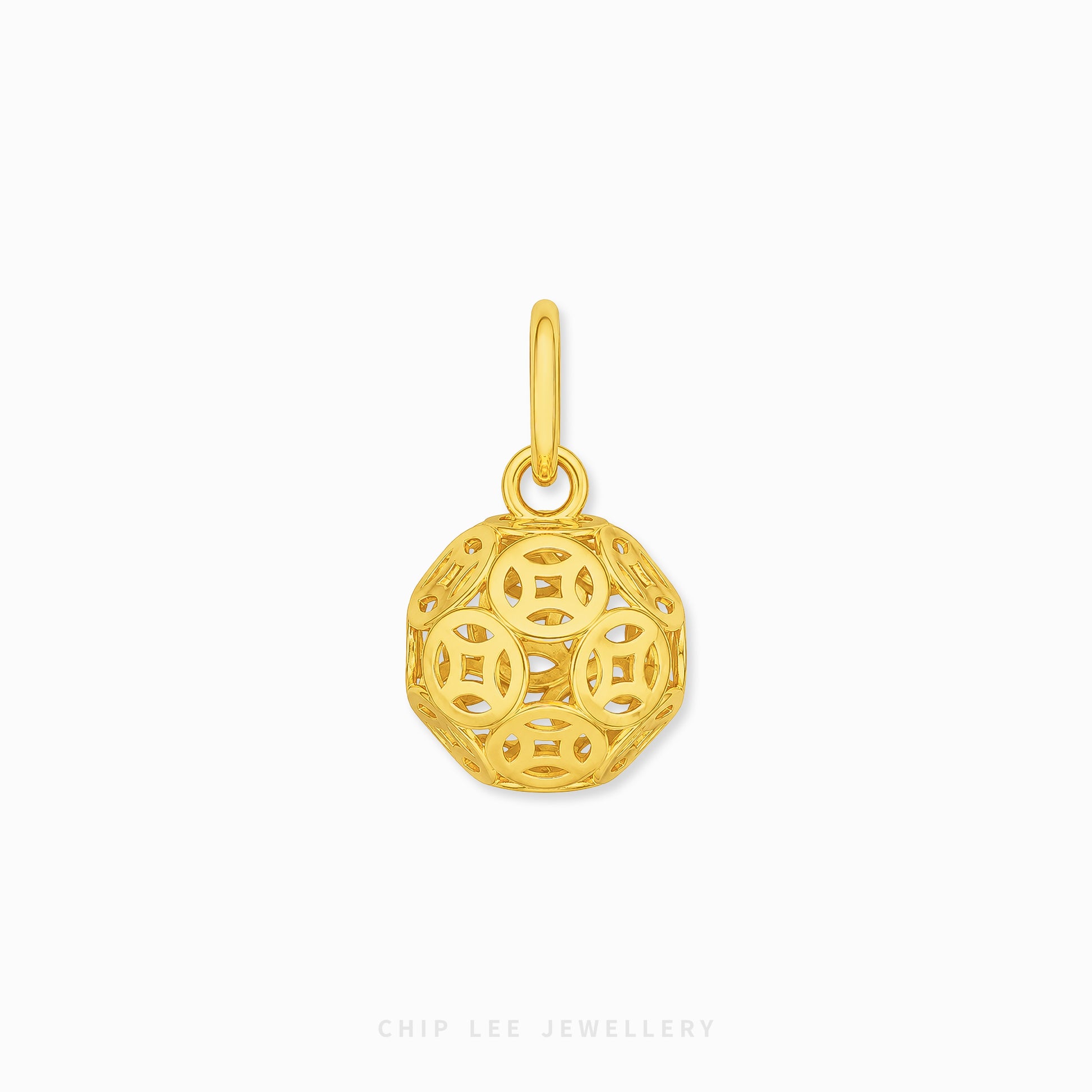 A gold filigree pendant charm with a geometric, openwork design and a top loop, shown on a clean white background with a faint 'CHIP LEE JEWELLERY' watermark at the bottom.