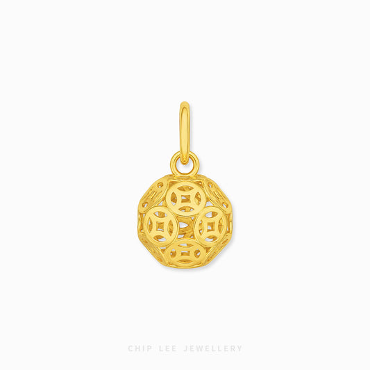 A gold filigree pendant charm with a geometric, openwork design and a top loop, shown on a clean white background with a faint 'CHIP LEE JEWELLERY' watermark at the bottom.