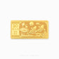 A 999 pure gold bar with an embossed design featuring fishes and flowers with Chinese characters. Hallmarked in Singapore for certified purity and authenticity.