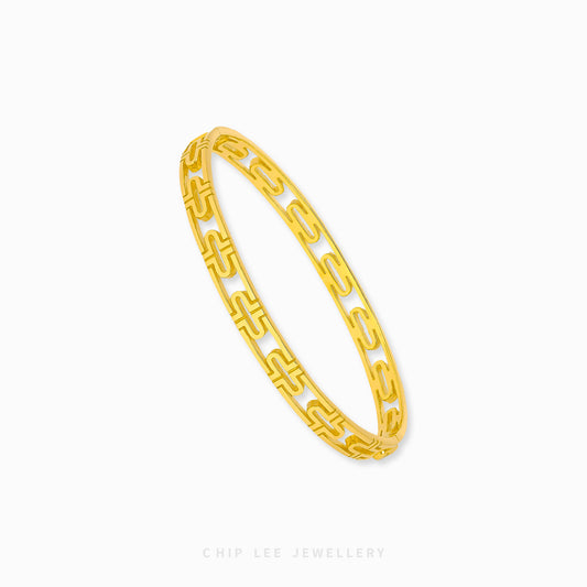 Greek Design Bangle by Chip Lee Jewellery Singapore, certified 916/22K gold Greek key motif, faceted edges, architectural statement accessory