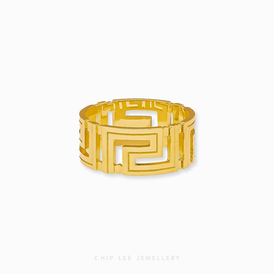 The Greek Key Ring by Chip Lee Jewellery features an intricate meander pattern, symbolizing eternity and unity, crafted in solid 916 gold. This timeless design offers a blend of classic elegance and cultural significance, perfect for any occasion.