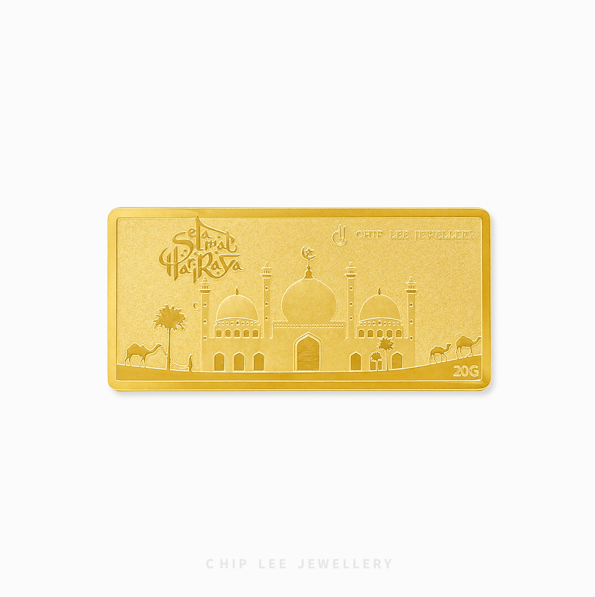 Hari Raya EID Blessings 999 Gold Bar by Chip Lee Jewellery Singapore featuring festive 24K pure gold embossed design for gifting.