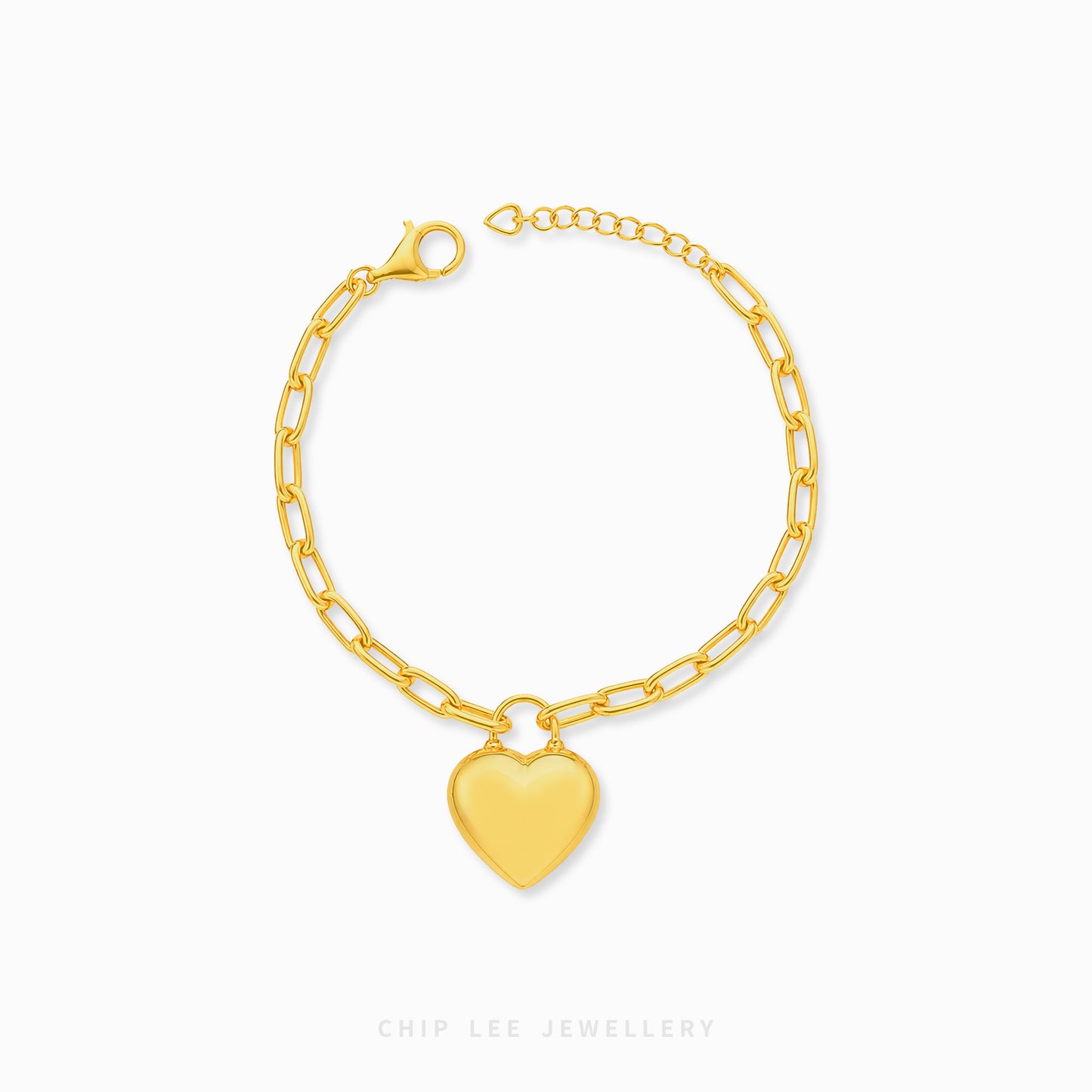 A gold paperclip chain bracelet with a flat, polished heart charm, displayed on a clean white background with the brand name 'CHIP LEE JEWELLERY' printed at the bottom.