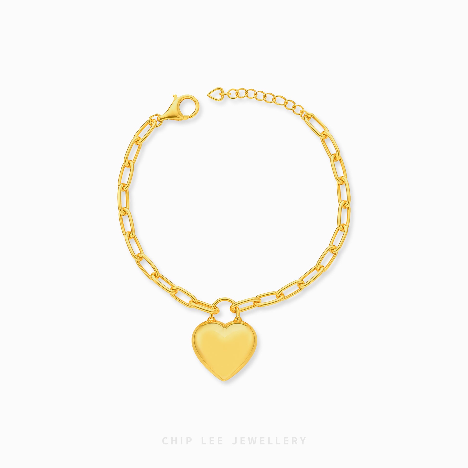 A gold paperclip chain bracelet with a flat, polished heart charm, displayed on a clean white background with the brand name 'CHIP LEE JEWELLERY' printed at the bottom.