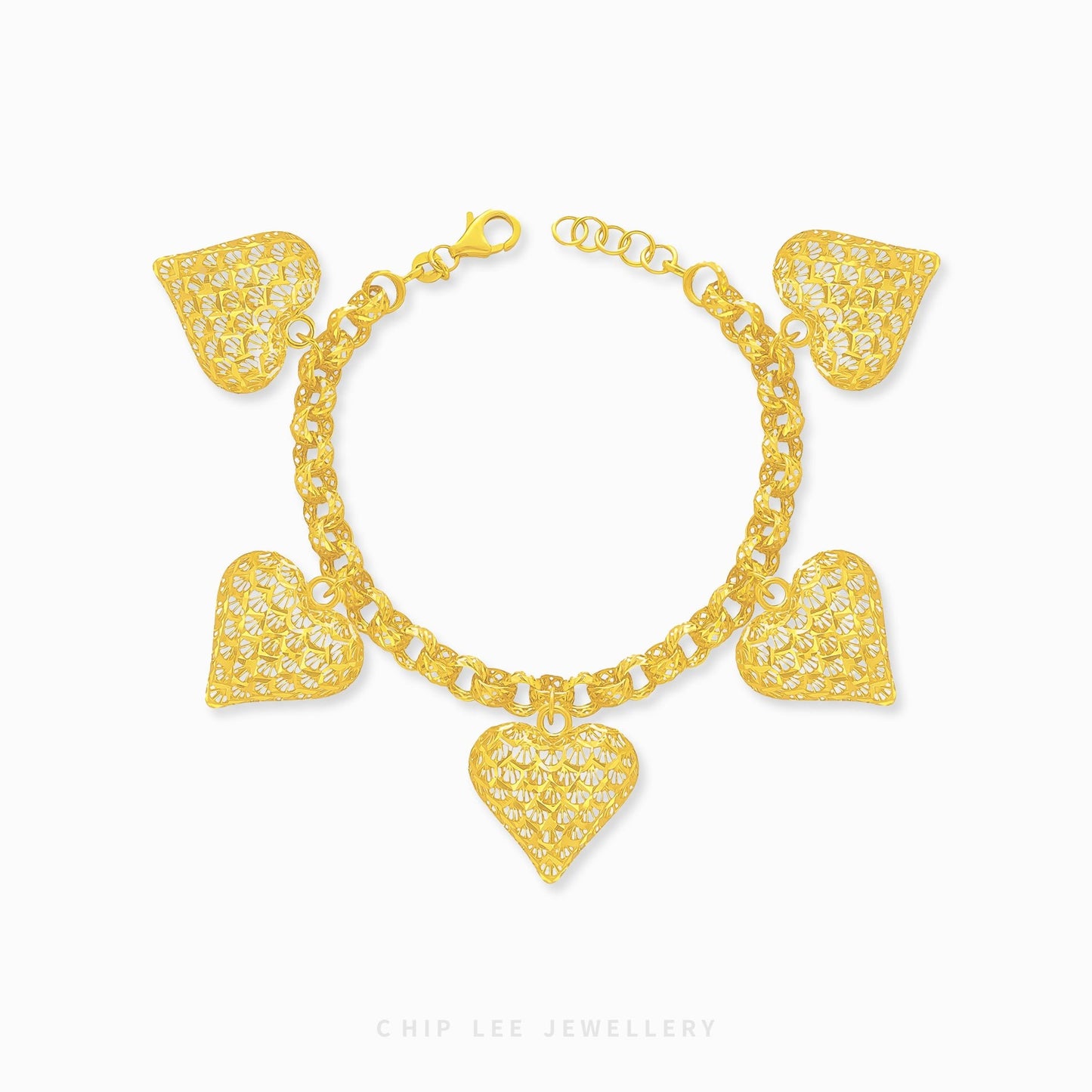 Heart Detailed Charms Statement Bracelet, certified 916 gold 22K from Chip Lee Jewellery Singapore – seven heart charms, luxury design.