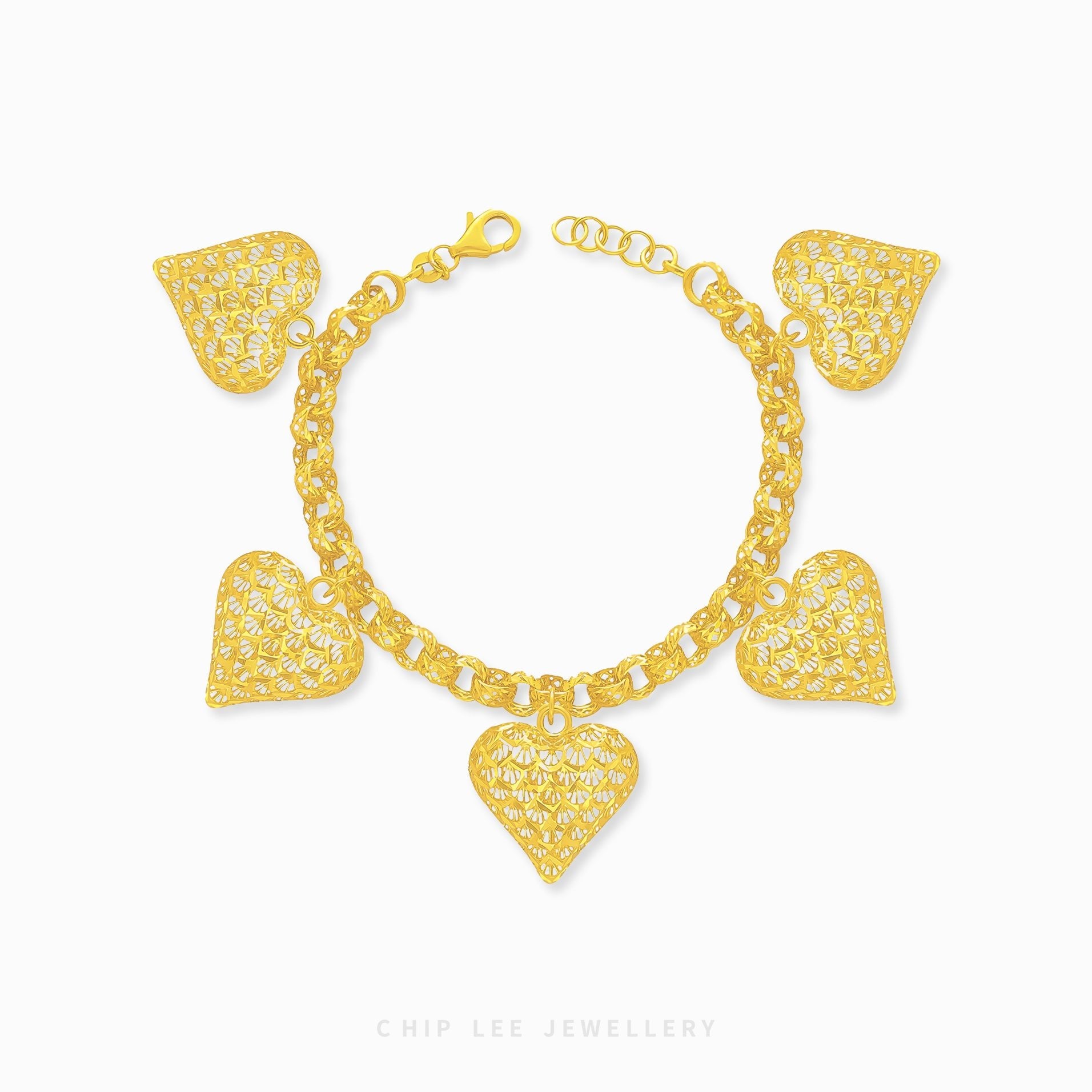 Heart Detailed Charms Statement Bracelet, certified 916 gold 22K from Chip Lee Jewellery Singapore – seven heart charms, luxury design.