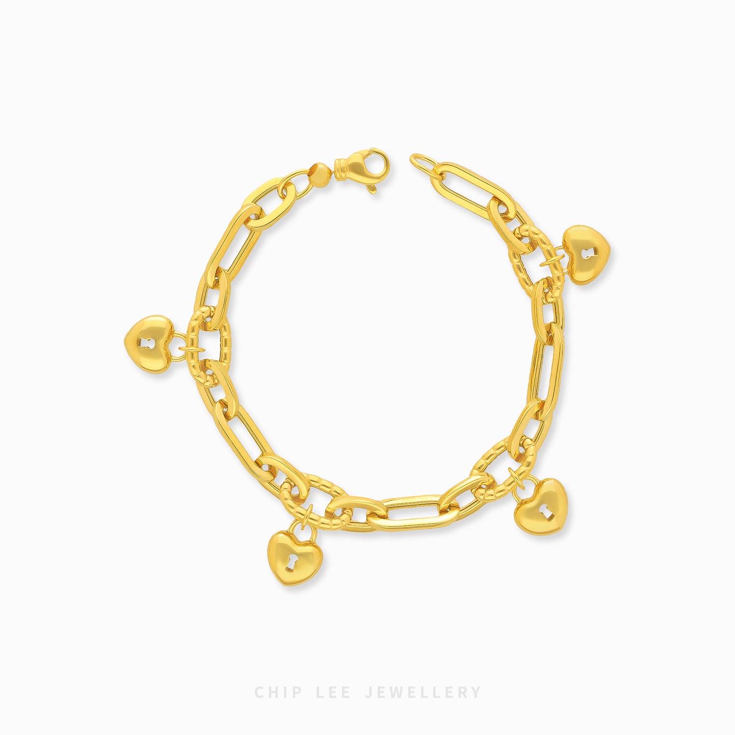 Gold bracelet with heart charms on a white background, branded 'Chip Lee Jewellery'.