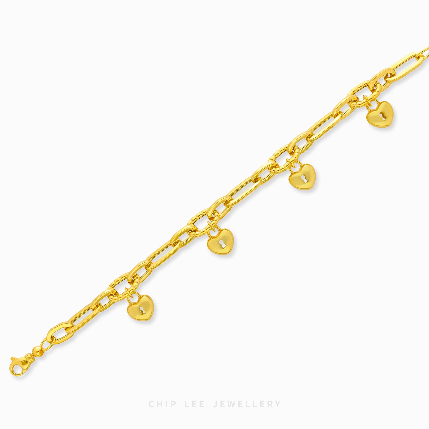 Gold bracelet with heart charms on a white background, branded 'Chip Lee Jewellery'.