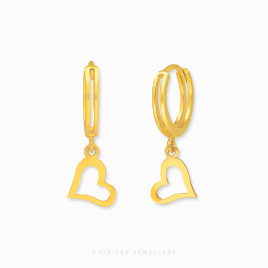 Hollow Heart Dangling Earring with minimalist design in 916 gold by Chip Lee Jewellery Singapore