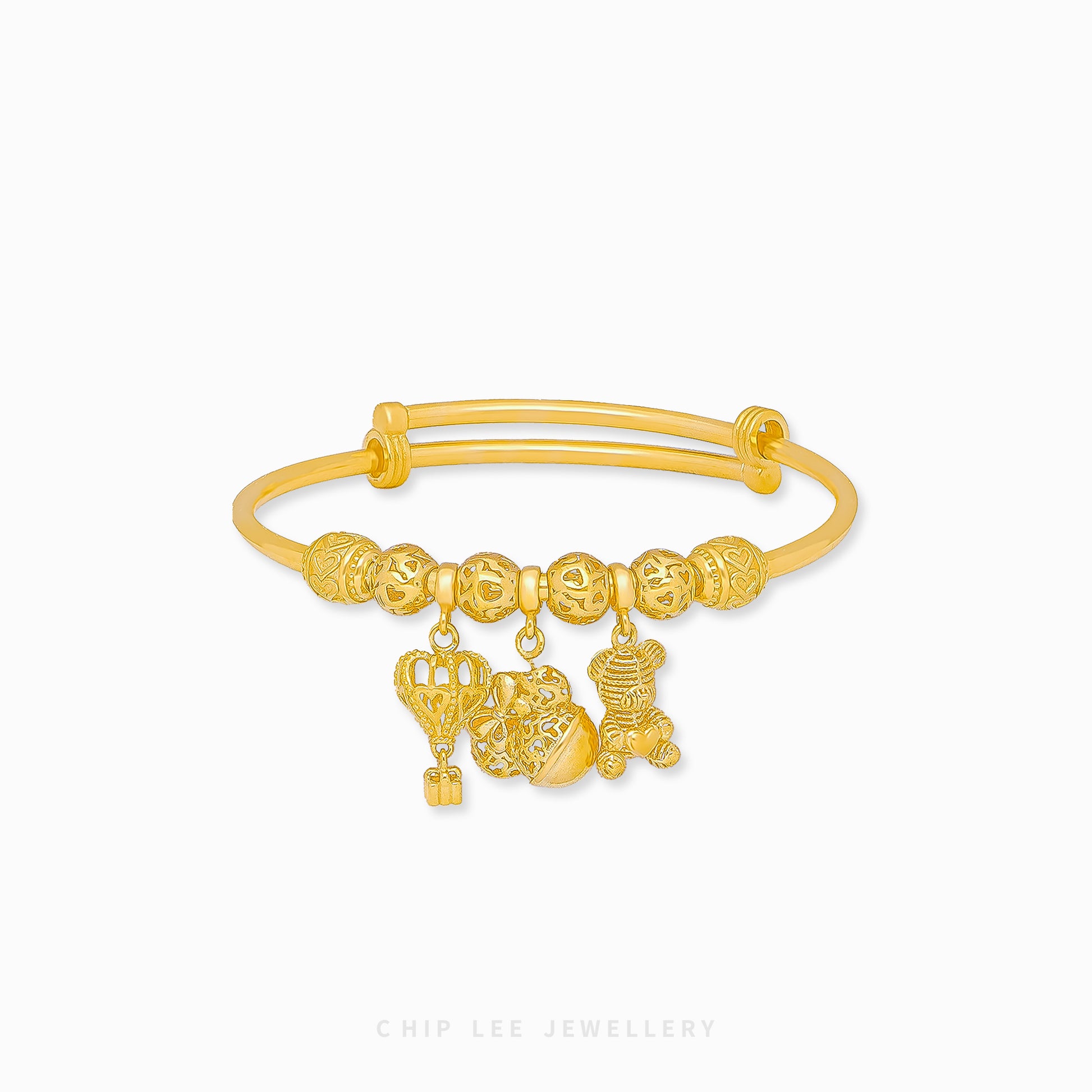 Hot Air Balloon, Minnie Mouse, Bear Charms Baby Bangle in 916 gold by Chip Lee Jewellery, symbolizing joy and elegance for your child's milestone.