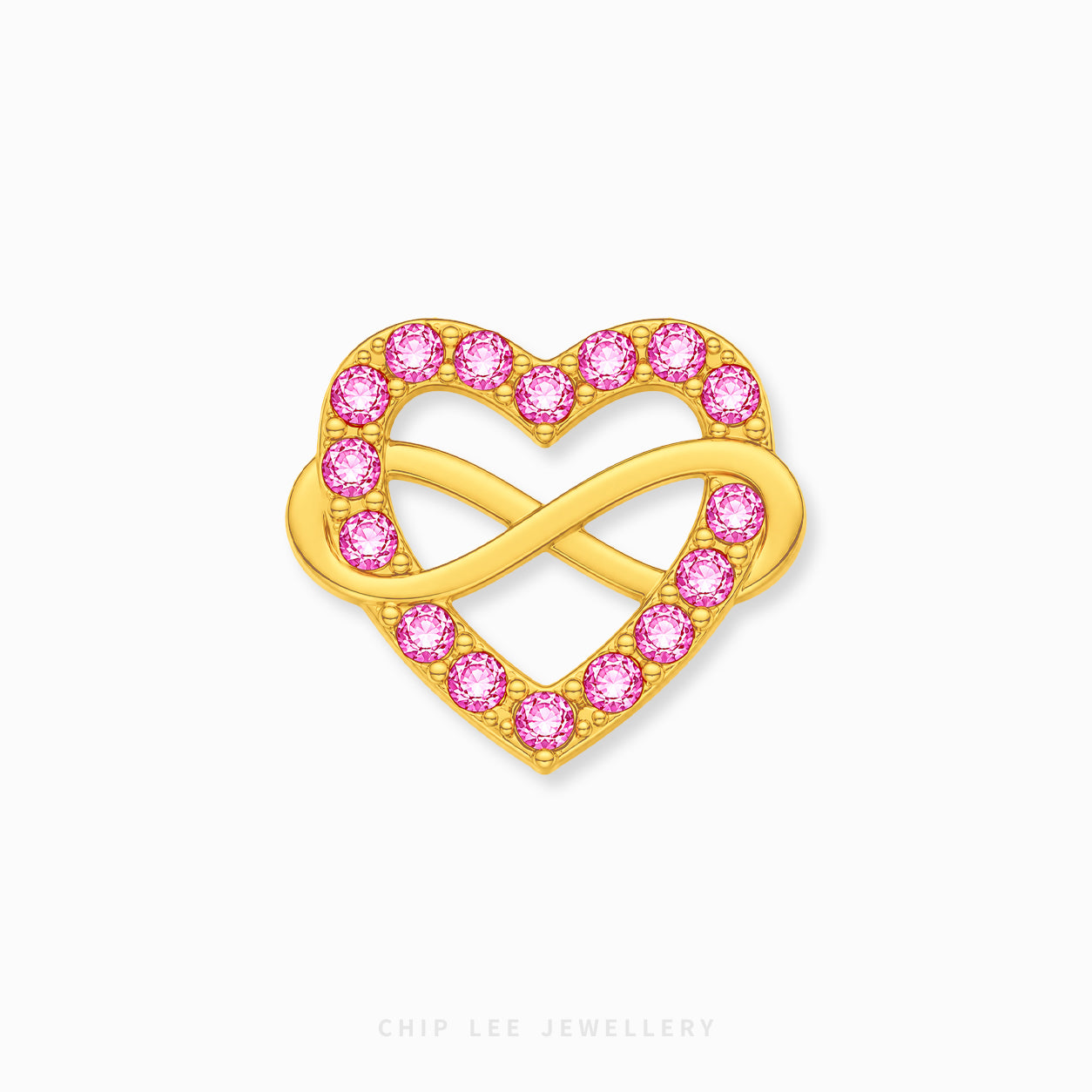 A gold heart-shaped brooch featuring an infinity symbol in the center, adorned with small round pink gemstones along the outer edges, shown on a light gray background.
