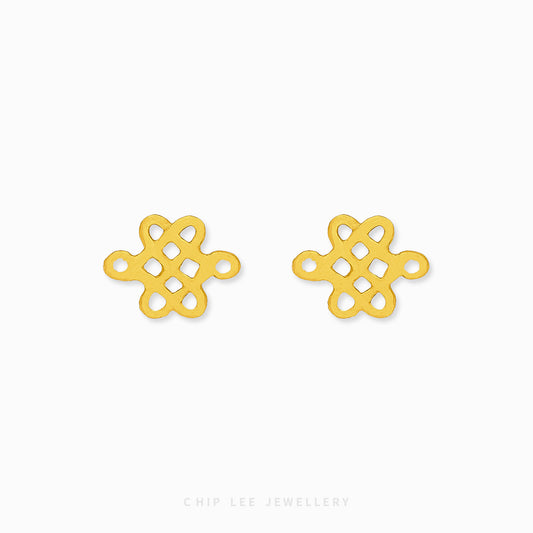 22K gold Infinity Knot Longevity Studs (盤長結) from Chip Lee Jewellery symbolising longevity, prosperity and continuous good fortune.