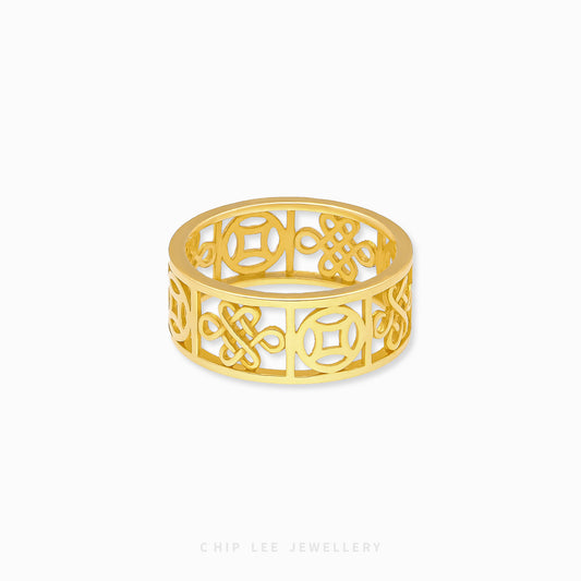 999 Pure Gold Infinity Knot and Fortune Coin Ring symbolising eternal luck and prosperity, featuring a traditional Chinese design with modern elegance