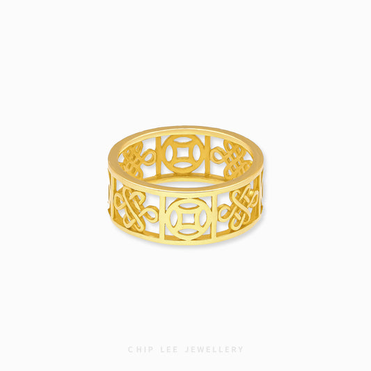 999 Pure Gold Infinity Knot and Fortune Coin Ring symbolising eternal luck and prosperity, featuring a traditional Chinese design with modern elegance