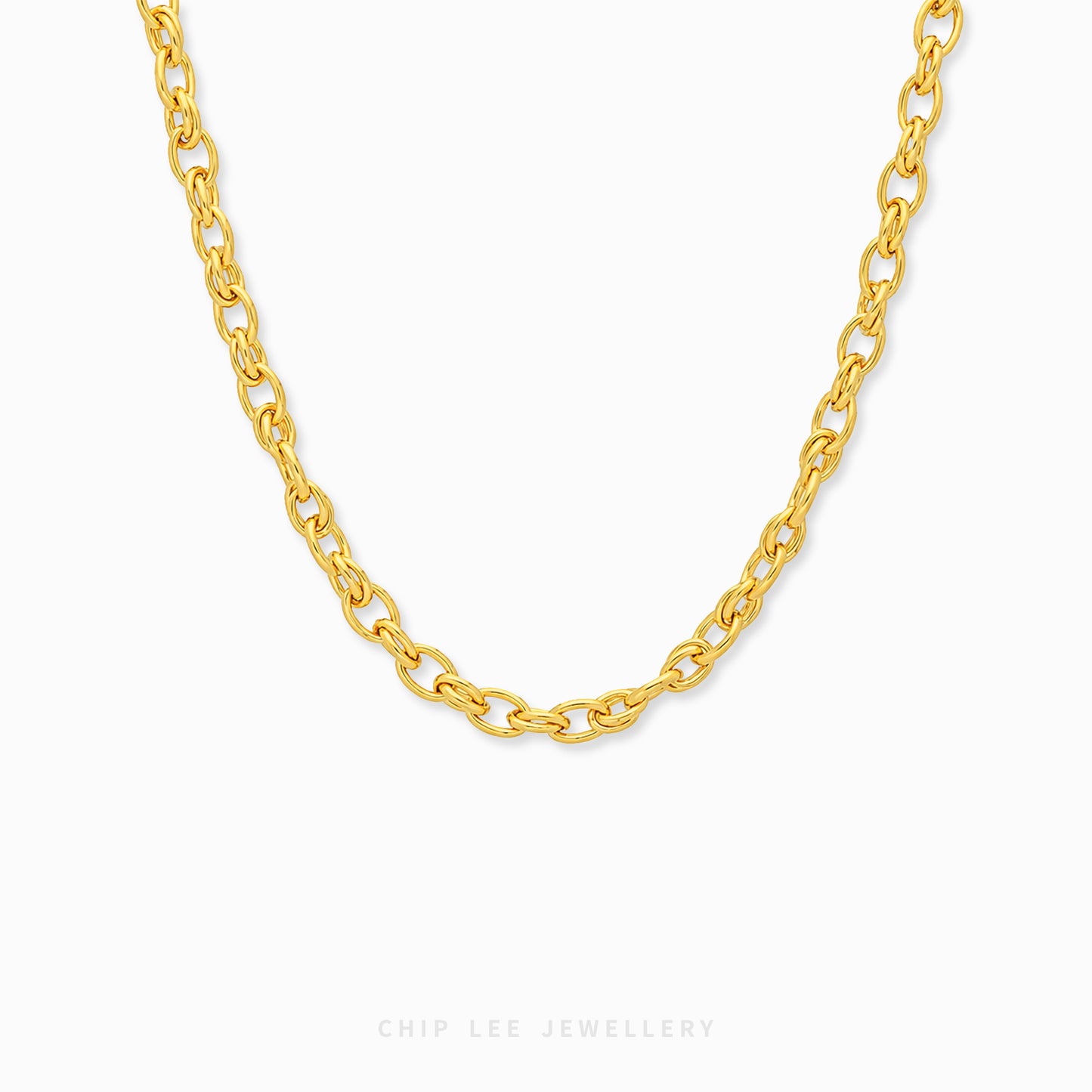 A gold chain necklace with a polished finish, shown draped in a U-shape against a clean white background. The brand name 'CHIP LEE JEWELLERY' is subtly printed in light gray at the bottom center.