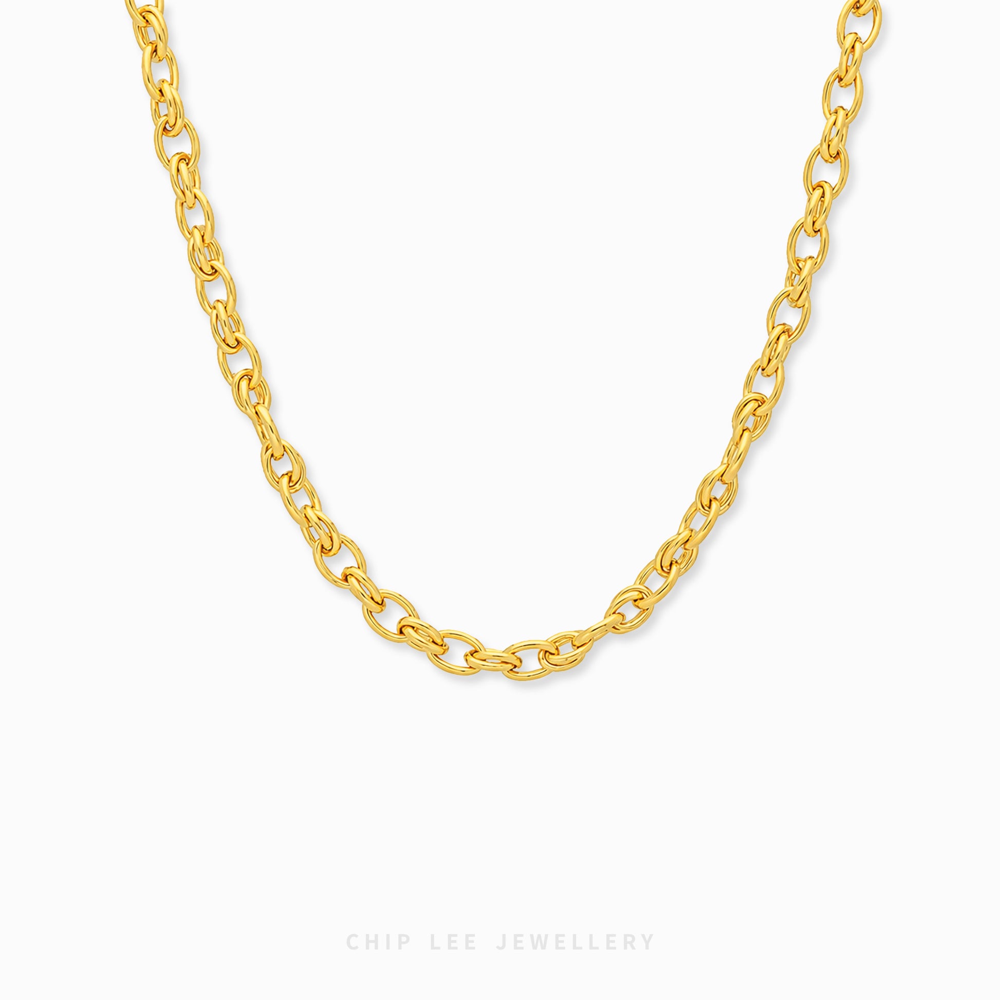 A gold chain necklace with a polished finish, shown draped in a U-shape against a clean white background. The brand name 'CHIP LEE JEWELLERY' is subtly printed in light gray at the bottom center.