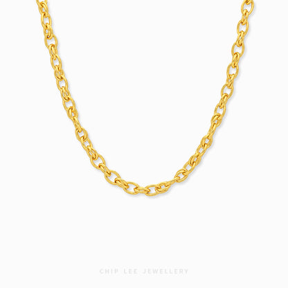 A gold chain necklace with a polished finish, shown draped in a U-shape against a clean white background. The brand name 'CHIP LEE JEWELLERY' is subtly printed in light gray at the bottom center.