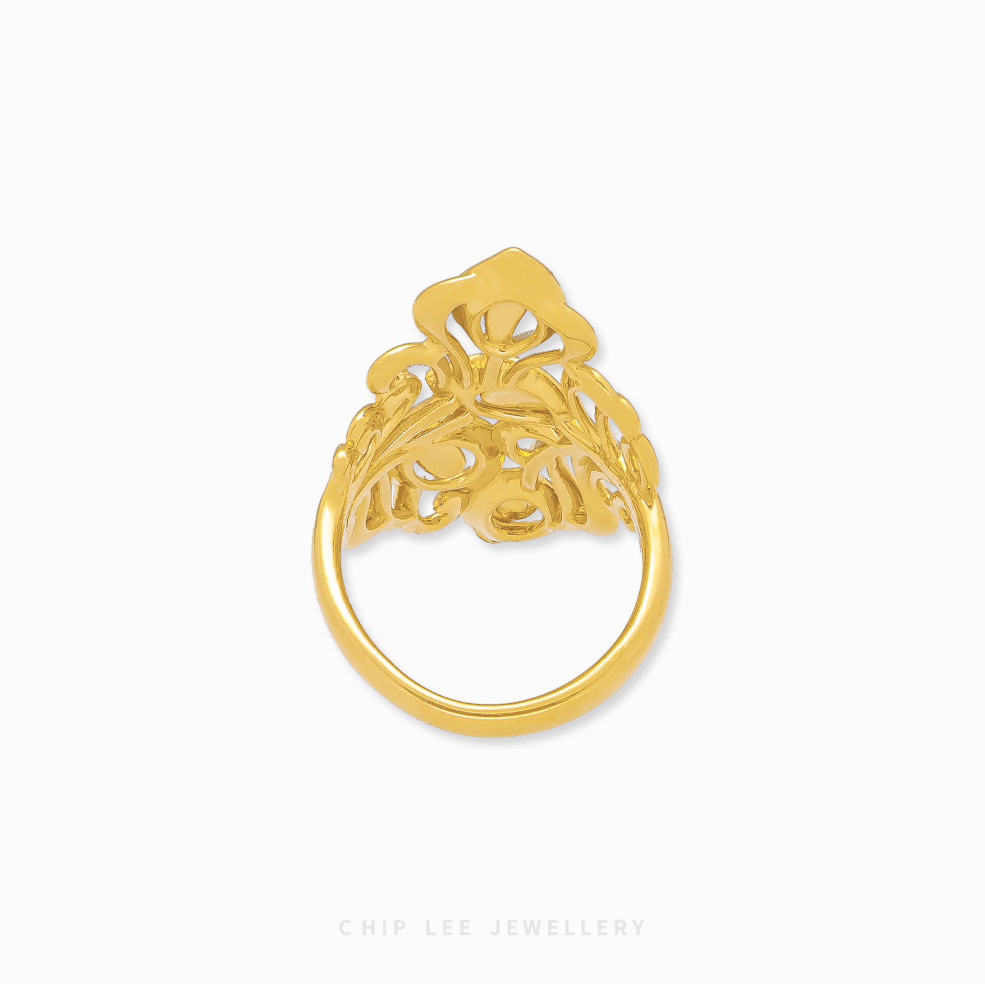 999 pure gold Intricate Floral Ring by Chip Lee Jewellery, with fine floral motifs and texture, symbolising botanical elegance and refined craftsmanship.