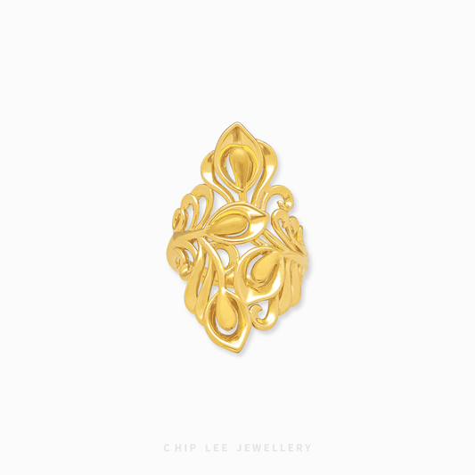 999 pure gold Intricate Floral Ring by Chip Lee Jewellery, with fine floral motifs and texture, symbolising botanical elegance and refined craftsmanship.