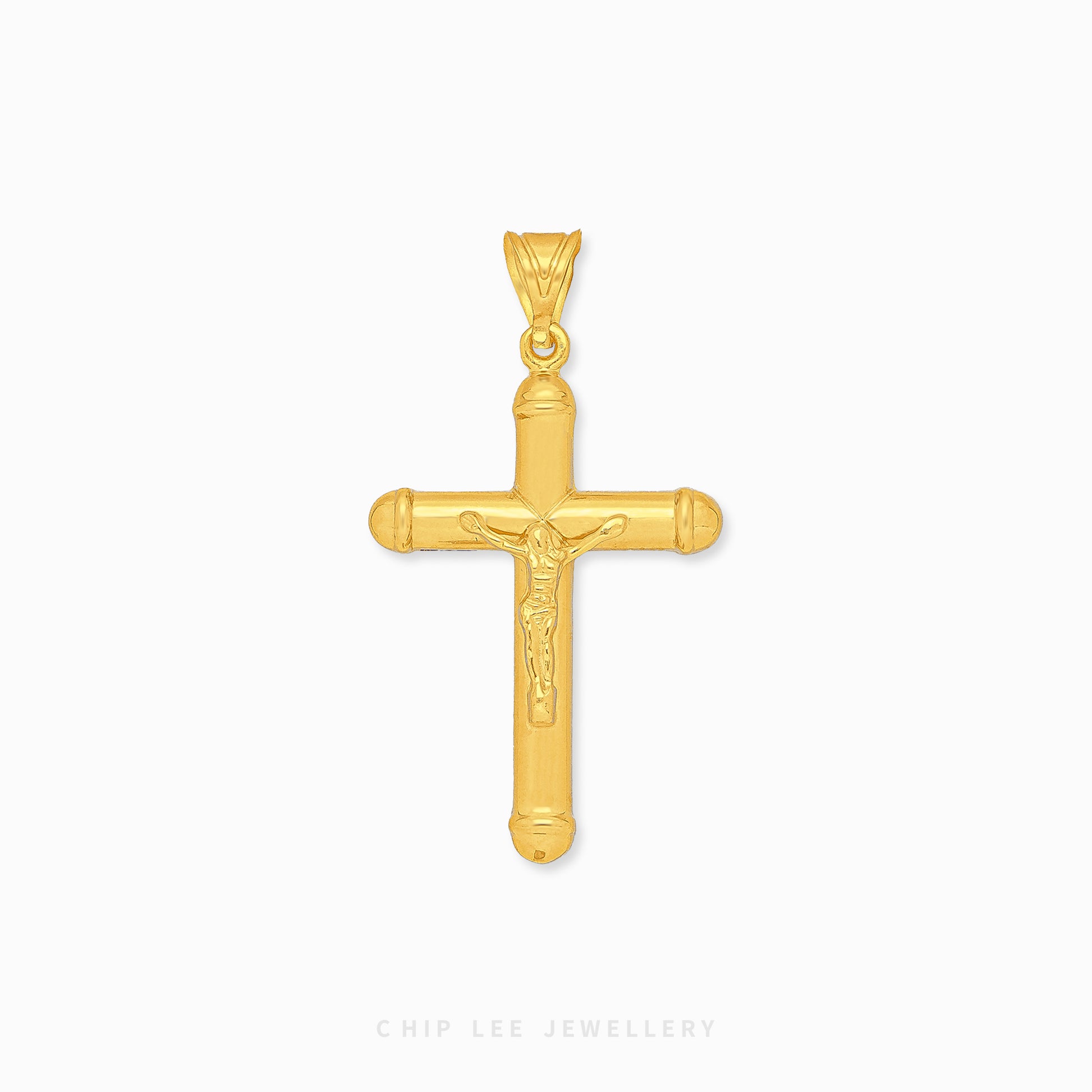 916 gold cross pendant with a detailed depiction of Jesus in the center. Hallmarked in Singapore for certified purity and authenticity. 