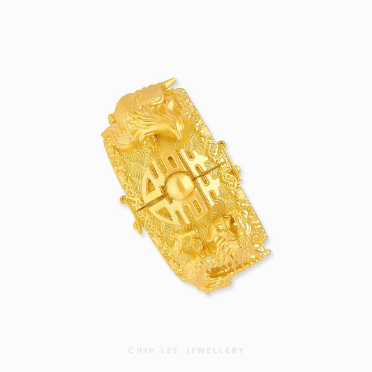 999 Pure Gold Dragon Phoenix Long Feng Bangle with intricate engravings symbolising harmony, unity, and prosperity in traditional Chinese culture.