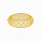 A gold bangle bracelet with a geometric openwork wire design, displayed on a clean white background with a brand watermark at the bottom.