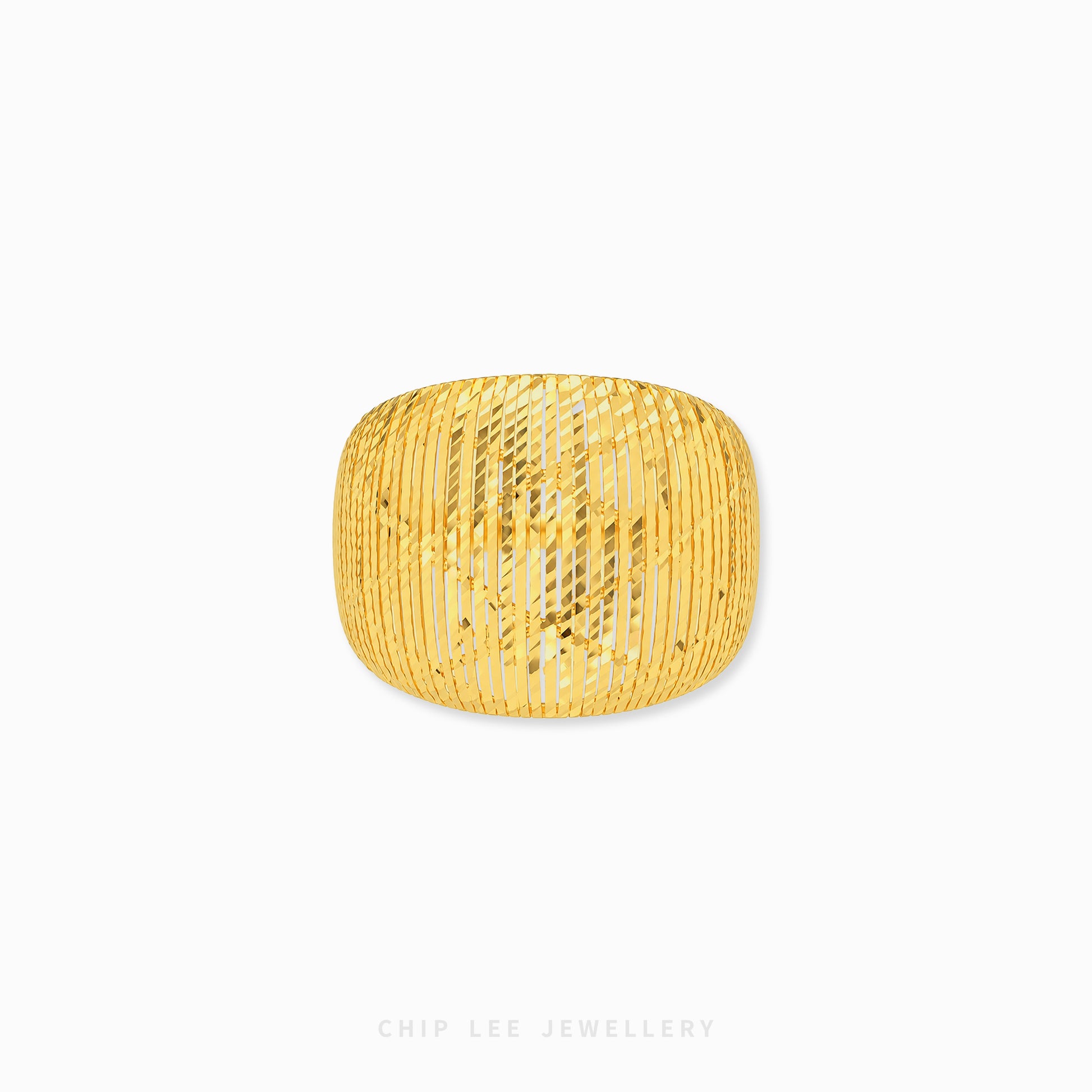 A chunky gold bangle bracelet with a textured, vertically ribbed openwork pattern, shown on a clean white background with a subtle drop shadow.