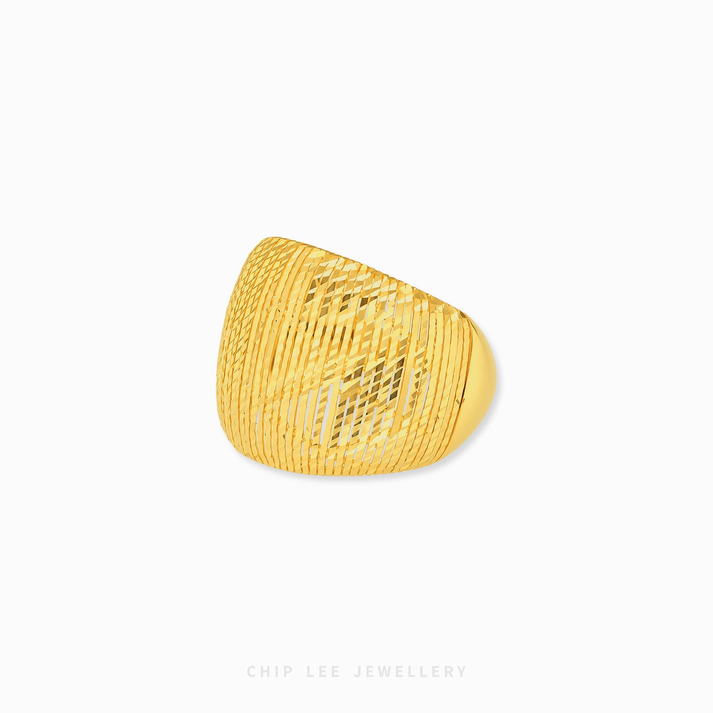 A chunky gold ring with a textured, ribbed basketweave pattern, shown on a clean white background with a subtle drop shadow.