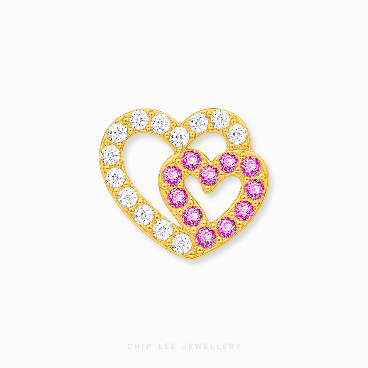 A gold heart-shaped earring with two interlocking hearts, one outlined in clear stones and the other in pink stones, shown on a light gray background.
