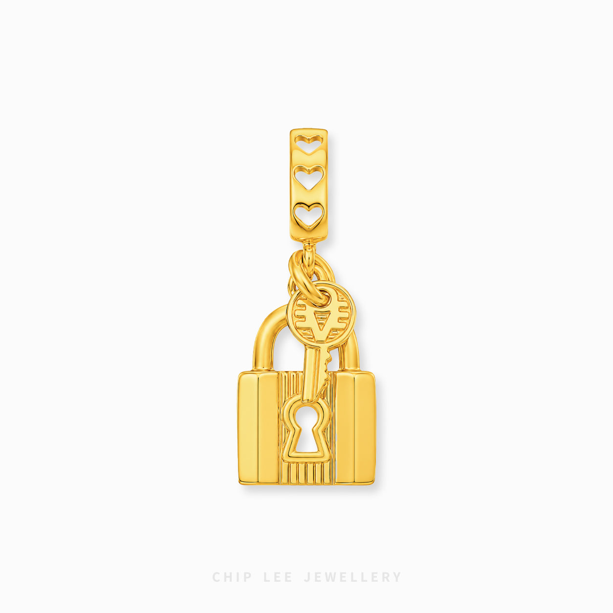 A gold padlock and key charm with a matching rectangular link featuring three heart cutouts, shown on a light gray background with the brand name 'CHIP LEE JEWELLERY' at the bottom.