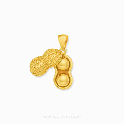 A gold peanut pendant featuring one peanut shell with a detailed cross-hatched pattern and another peanut inside, shown on a clean white background with Chip Lee Jewellery branding at the bottom.