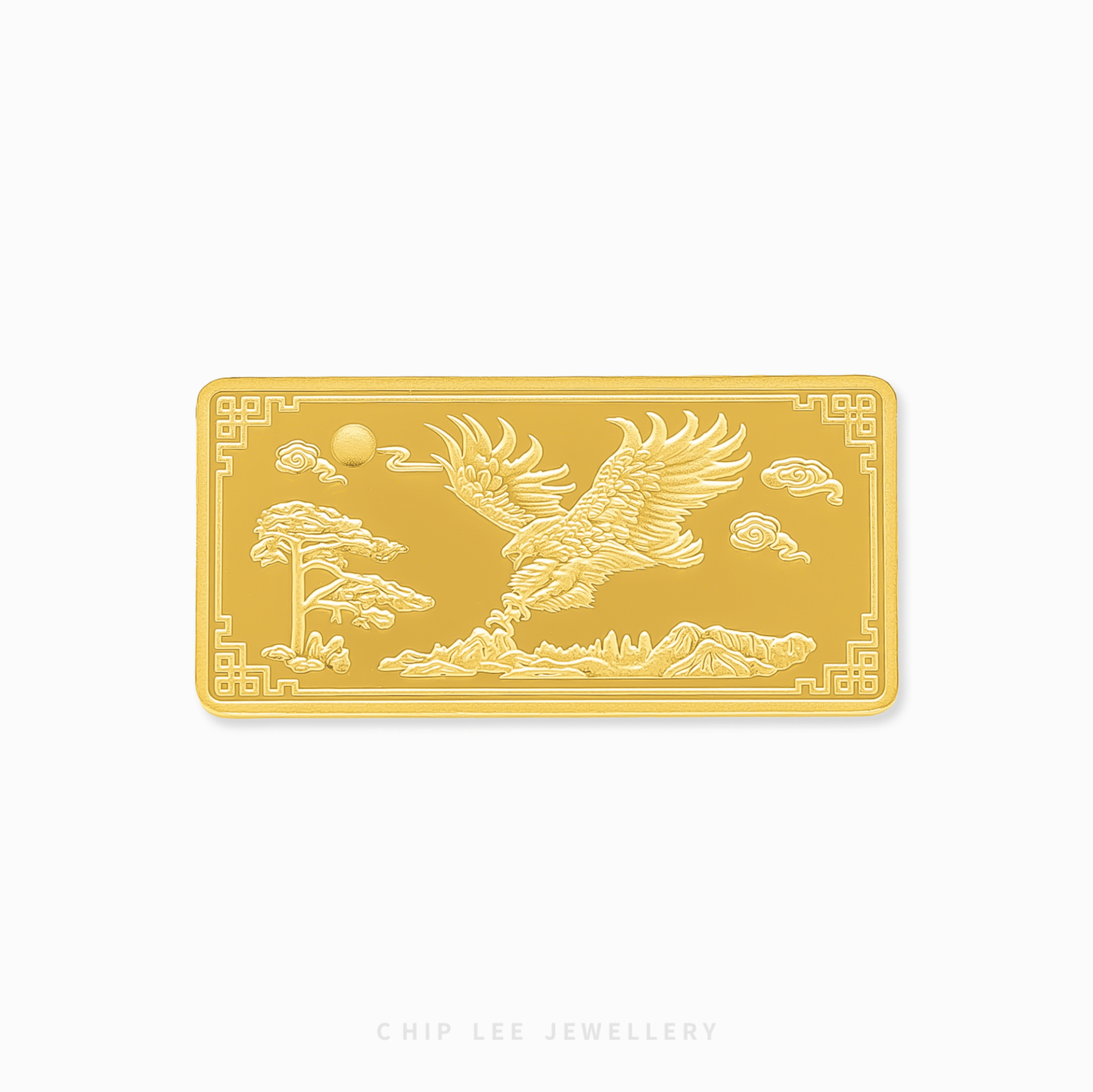 Gold bar with engraved design of a bird and landscape on a white background, branded 'Chip Lee Jewellery'.