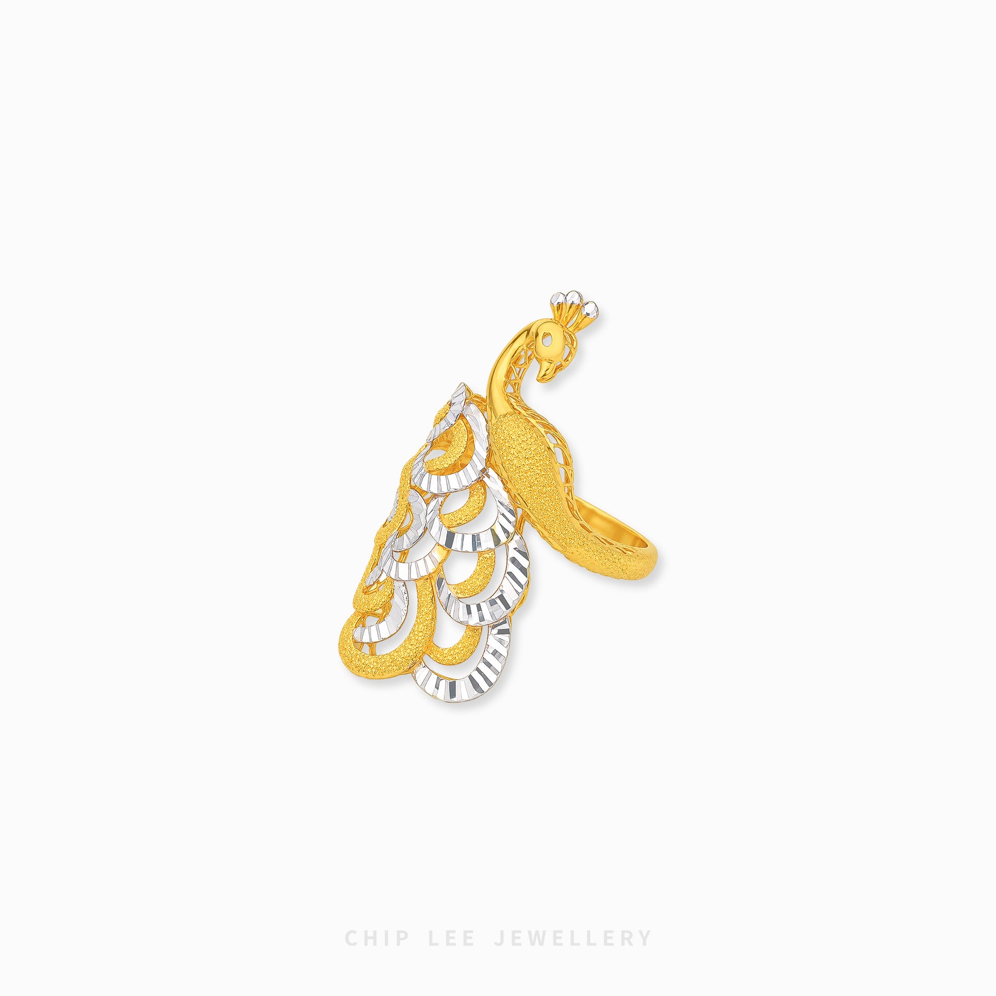 A gold and silver peacock pendant charm on a clean white background, with the brand name 'CHIP LEE JEWELLERY' printed at the bottom.