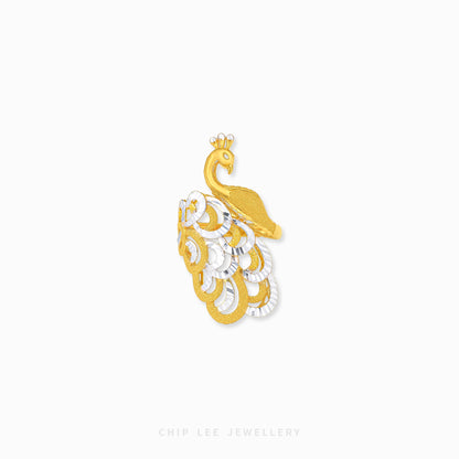 A gold and silver peacock pendant charm on a clean white background, with the brand name 'CHIP LEE JEWELLERY' printed at the bottom.