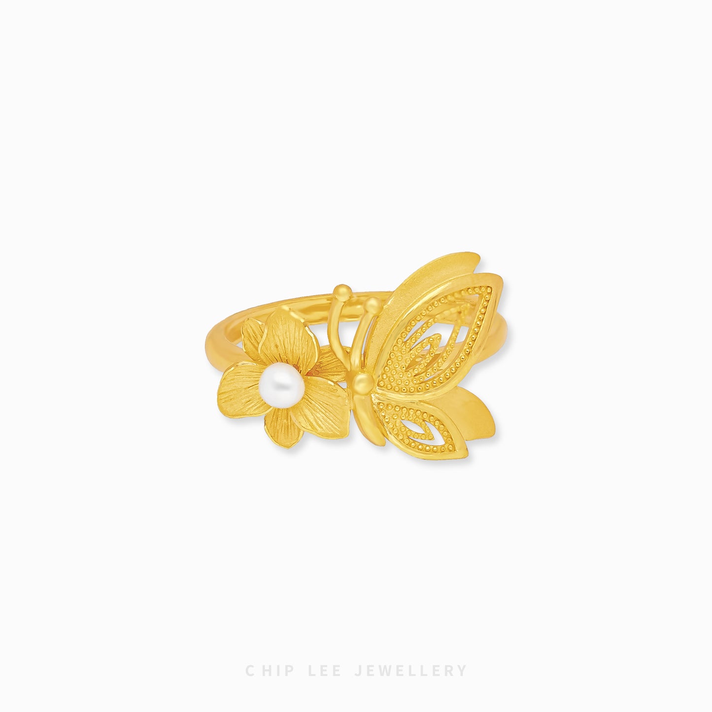 999 Pure Gold Floral Butterfly Pearl Ring with dainty floral and butterfly motifs, accented with a pearl for a touch of timeless elegance.