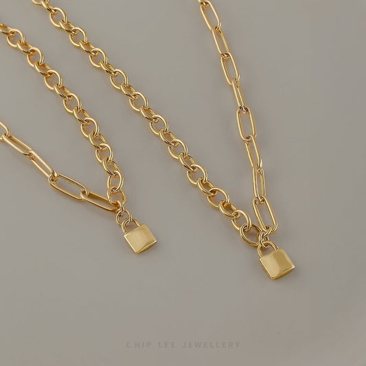 Chip Lee Jewellery Mixed Chain Lock Necklace. Certified 916 Gold (22K) chunky mixed-link chain with a lock pendant. Modern statement jewellery SG.