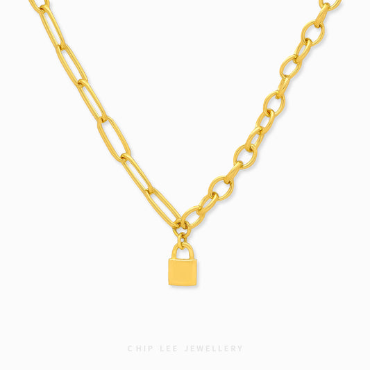 Chip Lee Jewellery Mixed Chain Lock Necklace. Certified 916 Gold (22K) chunky mixed-link chain with a lock pendant. Modern statement jewellery SG.