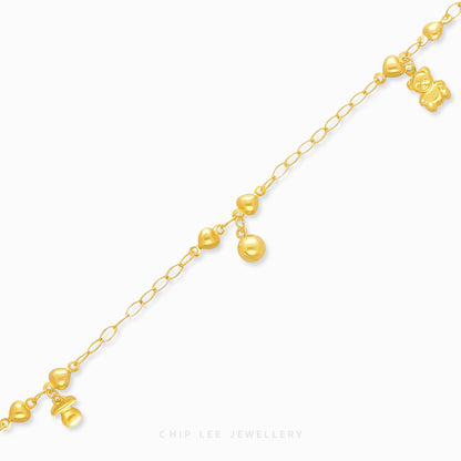 Mixed Charm Baby Anklet 1 with pacifier, bell, and bear charms in 916 gold by Chip Lee Jewellery Singapore