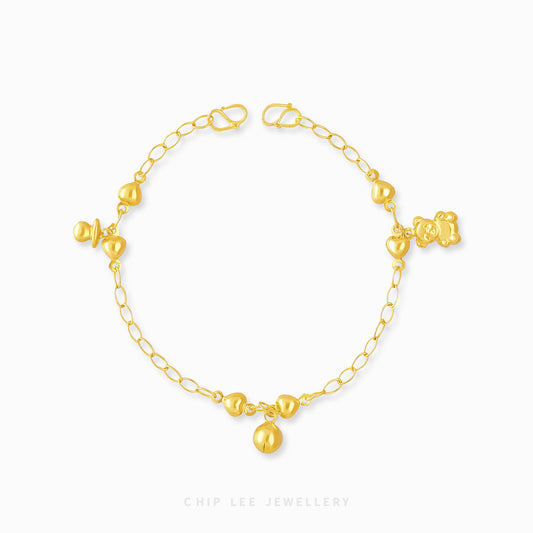 Mixed Charm Baby Anklet 1 with pacifier, bell, and bear charms in 916 gold by Chip Lee Jewellery Singapore