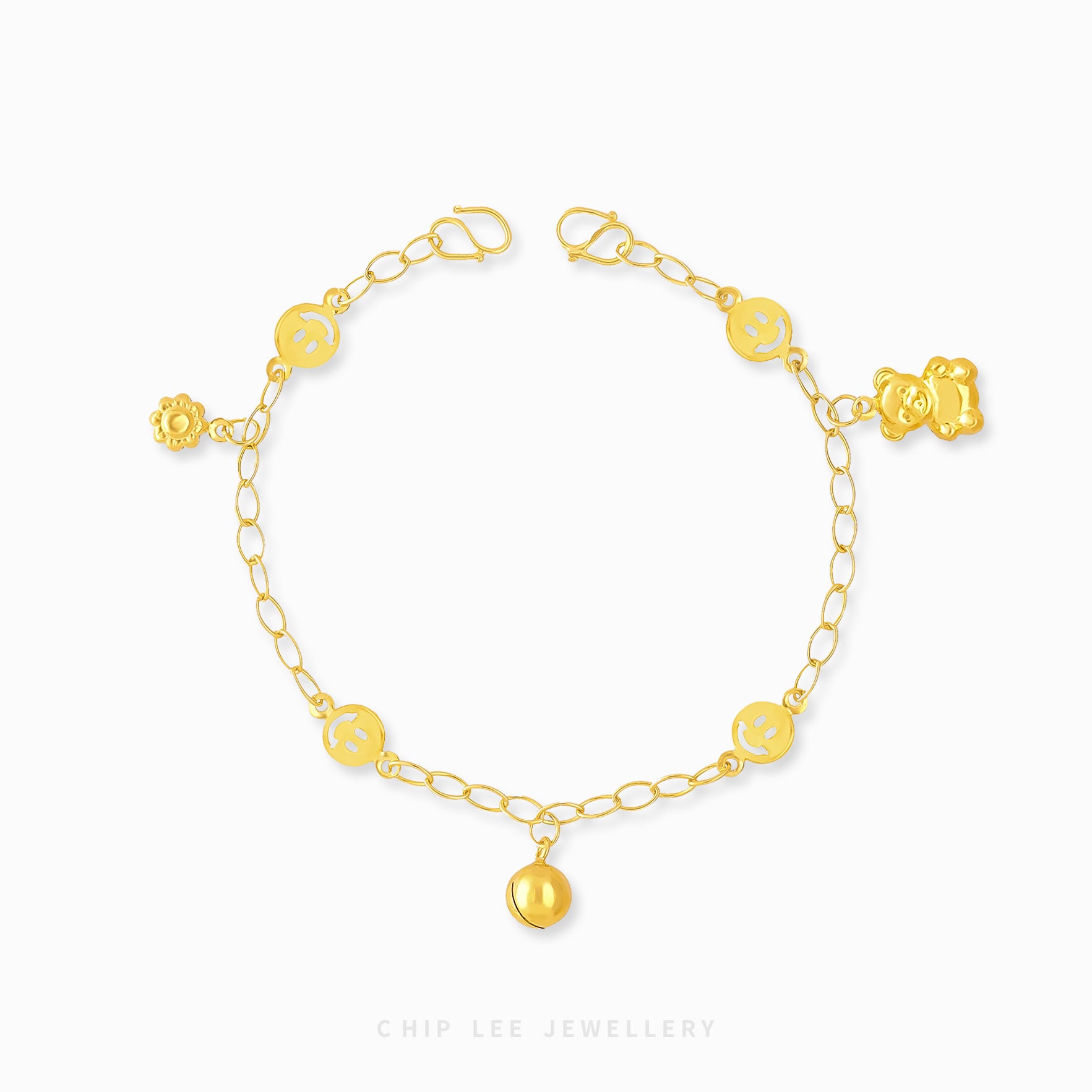 Mixed Charm Baby Anklet 4 with flower, bell, bear, and smiley face charms in 916 gold by Chip Lee Jewellery Singapore