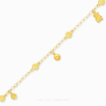Mixed Charm Baby Anklet 4 with flower, bell, bear, and smiley face charms in 916 gold by Chip Lee Jewellery Singapore