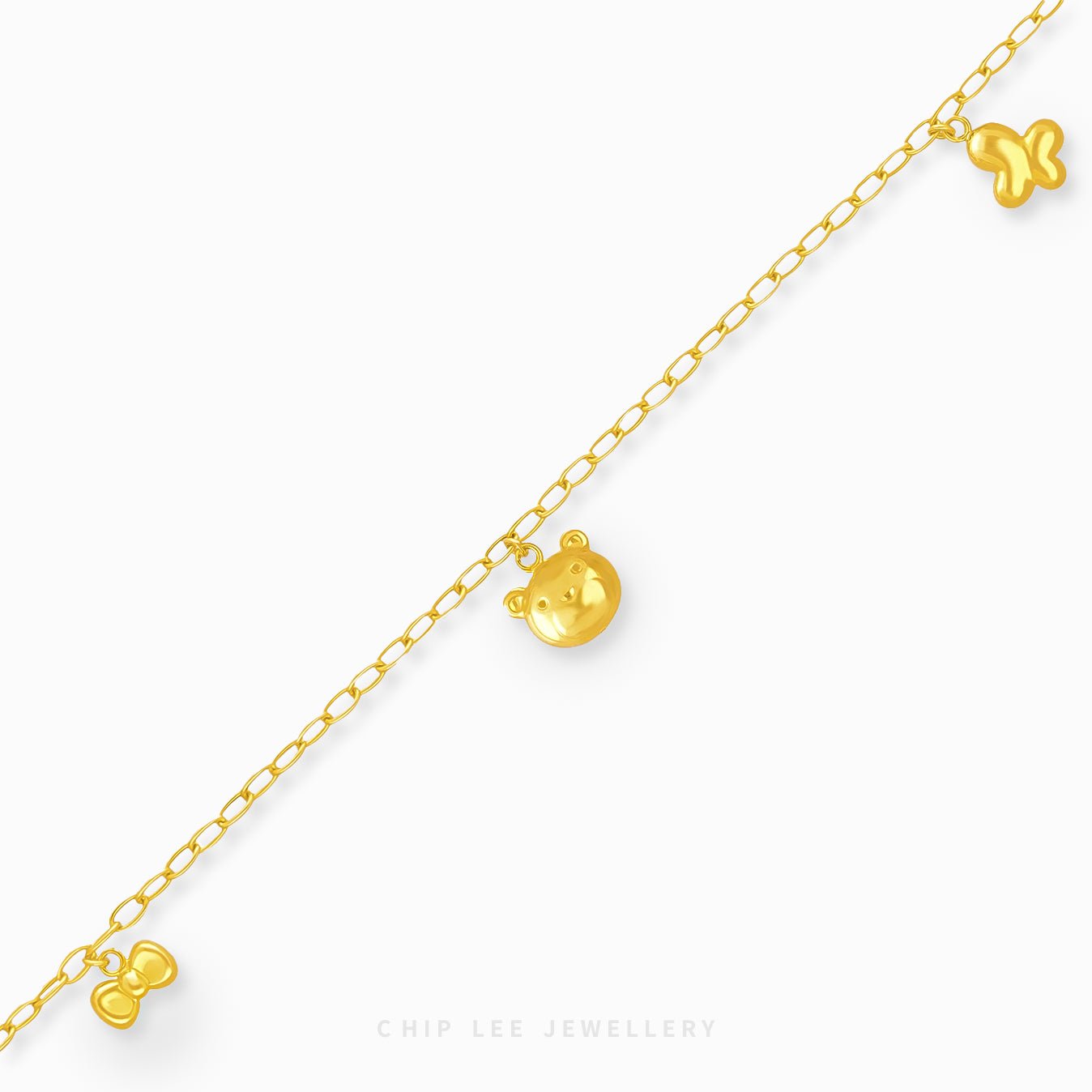 Mixed Charm Baby Anklet 5 with bow, bear, and butterfly charms in 916 gold by Chip Lee Jewellery Singapore