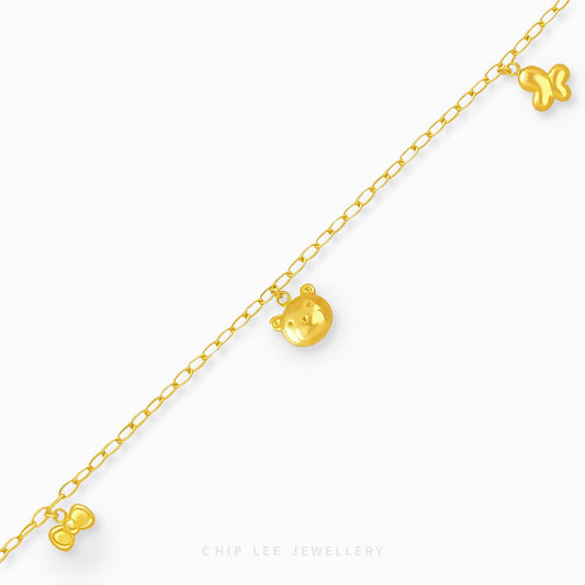 Mixed Charm Baby Anklet 5 with bow, bear, and butterfly charms in 916 gold by Chip Lee Jewellery Singapore