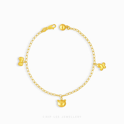 Mixed Charm Baby Anklet 5 with bow, bear, and butterfly charms in 916 gold by Chip Lee Jewellery Singapore
