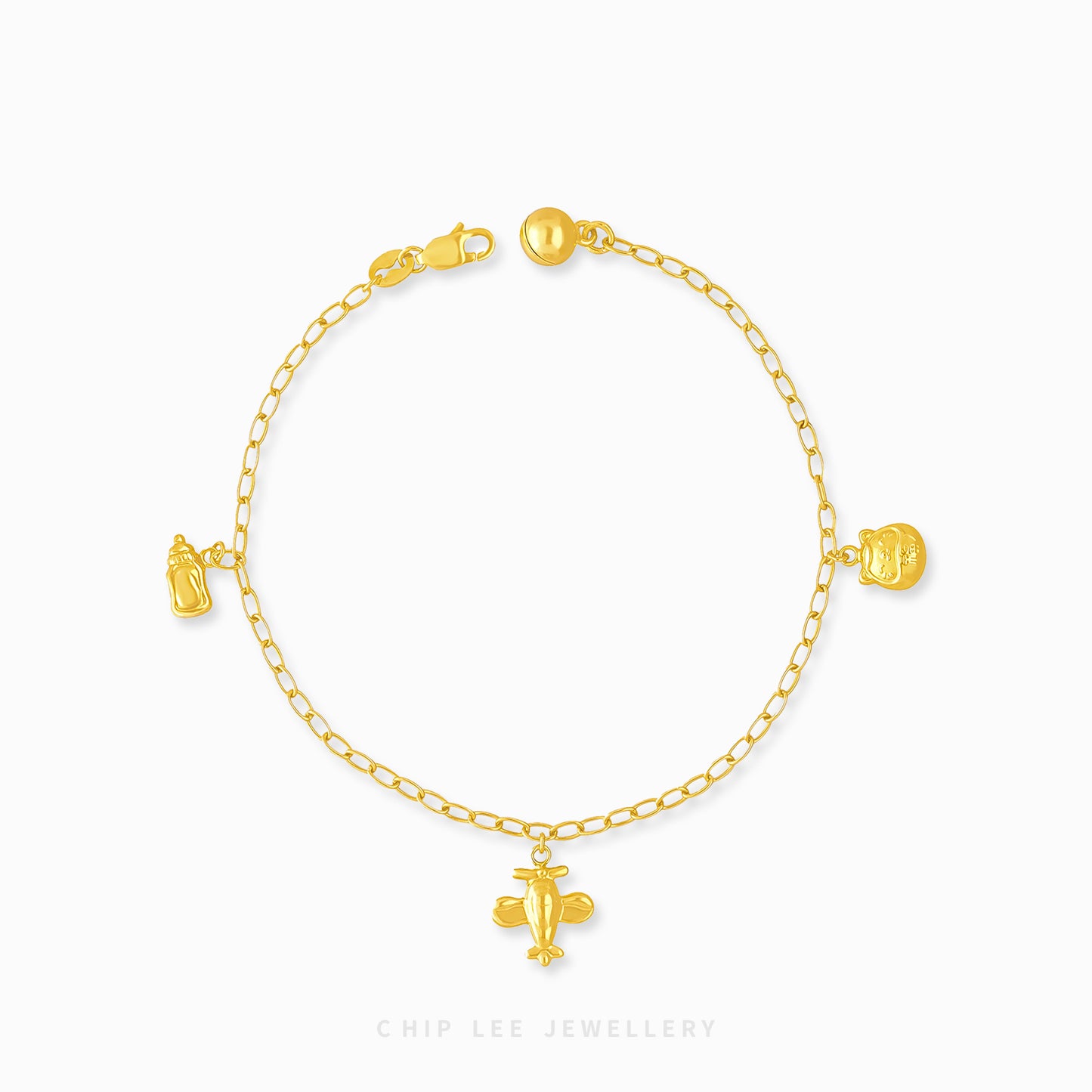 Mixed Charm Baby Anklet 7 with milk bottle, plane, lucky cat, and bell charms in 916 gold by Chip Lee Jewellery Singapore