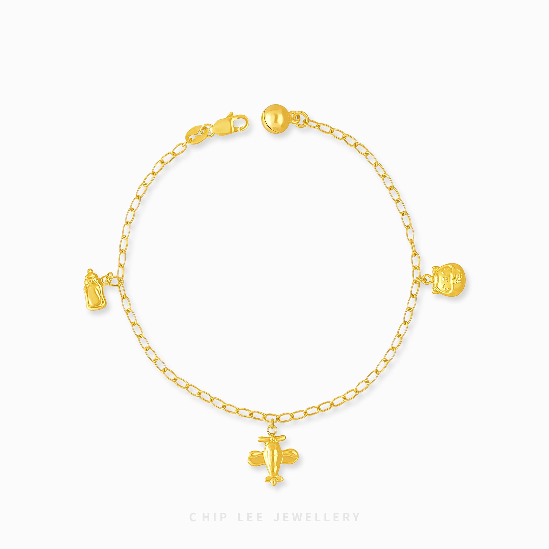 Mixed Charm Baby Anklet 7 with milk bottle, plane, lucky cat, and bell charms in 916 gold by Chip Lee Jewellery Singapore