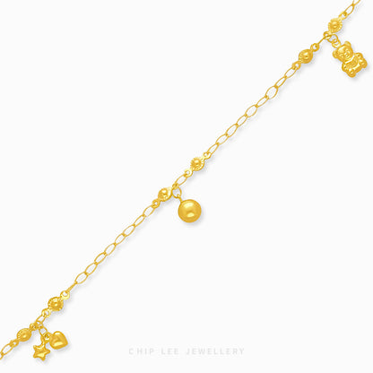 Mixed Charm Baby Anklet 8 with bear, star, heart, and bell charms in 916 gold by Chip Lee Jewellery Singapore