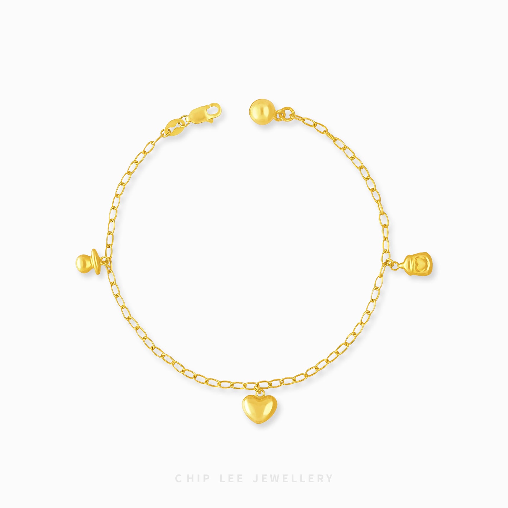 Mixed Charm Baby Anklet with pacifier, heart, and milk bottle charms in 916 gold by Chip Lee Jewellery Singapore
