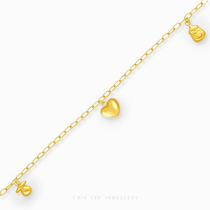 Mixed Charm Baby Anklet with pacifier, heart, and milk bottle charms in 916 gold by Chip Lee Jewellery Singapore
