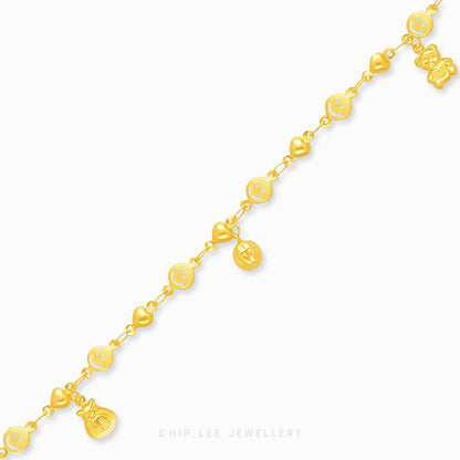 Mixed Charm Baby Anklet 9 with bear, luck symbol, and bell charms in 916 gold by Chip Lee Jewellery Singapore